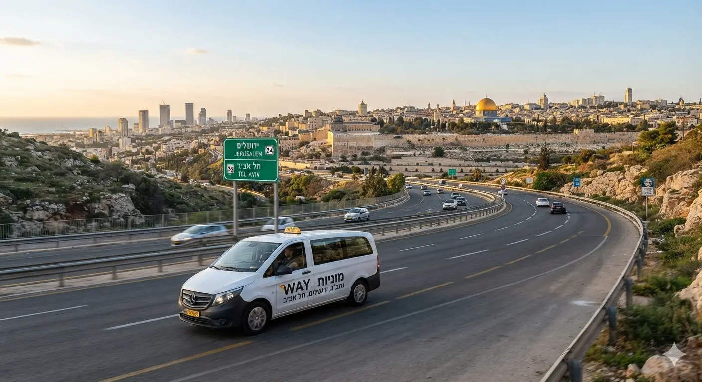 מונית חדישה של חברת WAY TAXI בנסיעה על כביש מהיר עם שלט הכוונה לתל אביב וירושלים, על רקע קו הרקיע של שתי הערים.